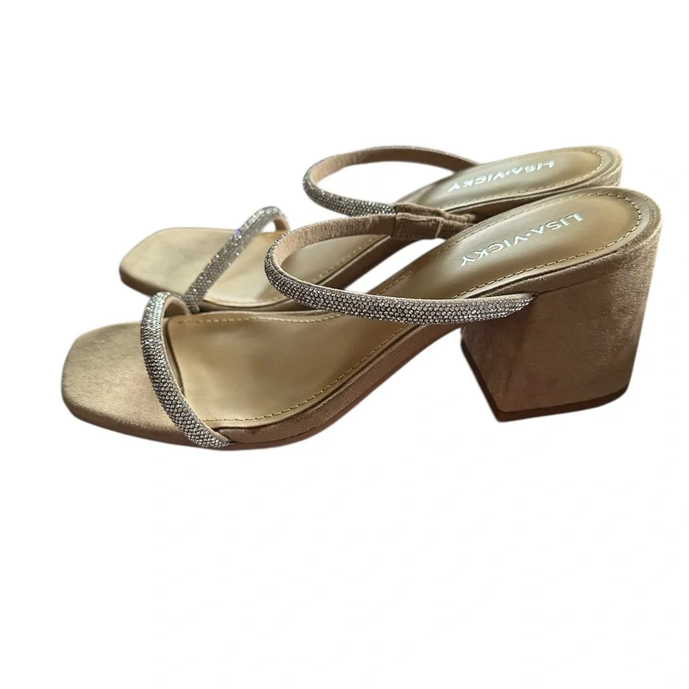 Lisa Vicky Women’s Mood V Silver Hotfix Block Heels Slip On Sandal Size 7 M New